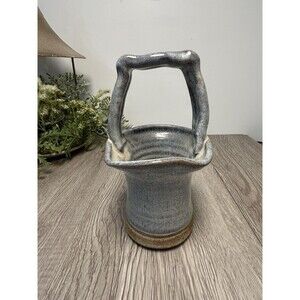 Vintage Stoneware Studio Pottery Vase Basket Wishing Well With Handle